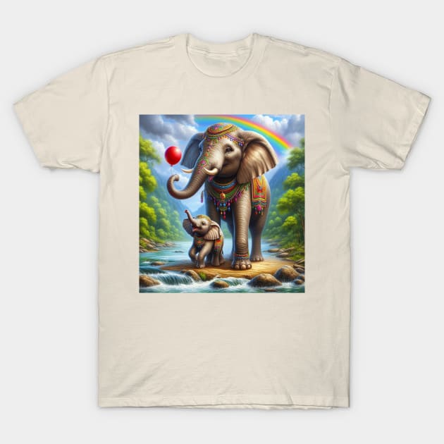 Happy mom Elephant with her baby colorful painting T-Shirt by hippyhappy